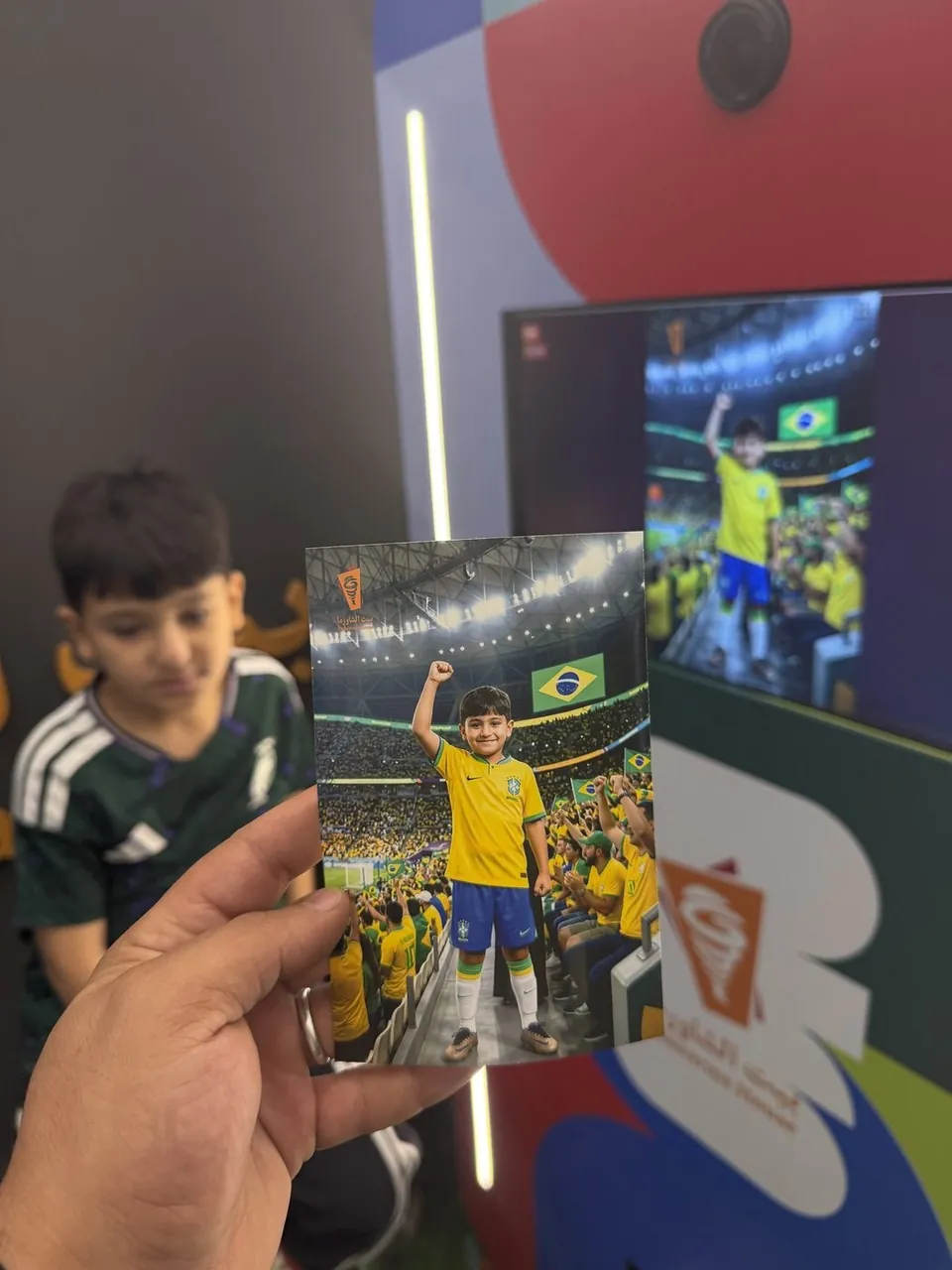 AI photo booth print placing a guest in a football scene